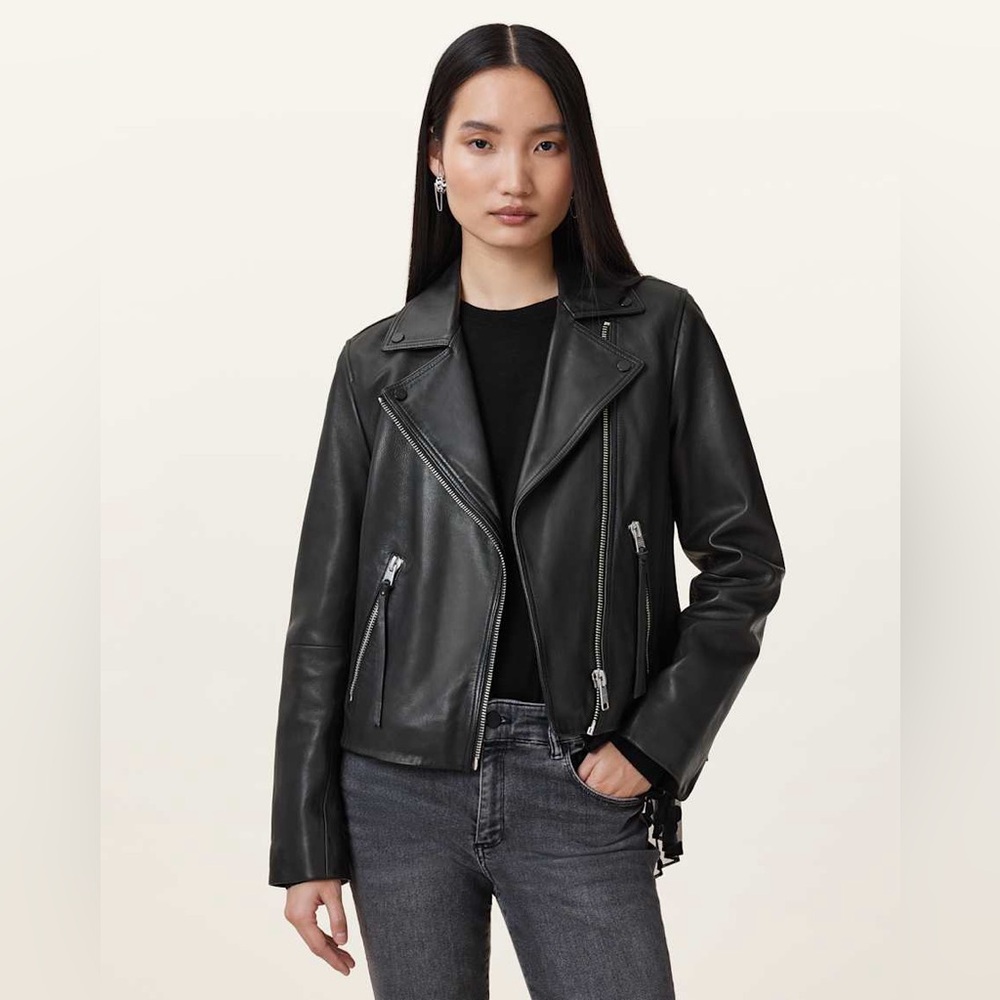 AllSaints Dalby Black Leather Moto Jacket Size US 4 Biker Slim Fit Classic